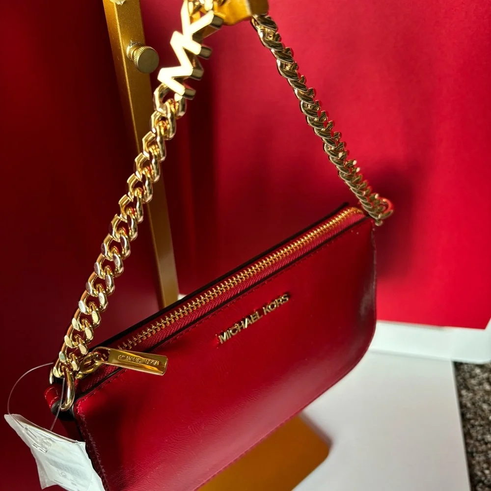 MICHAEL KORS jet set medium red leather pouchette bag NWT - Picture 3 of 10